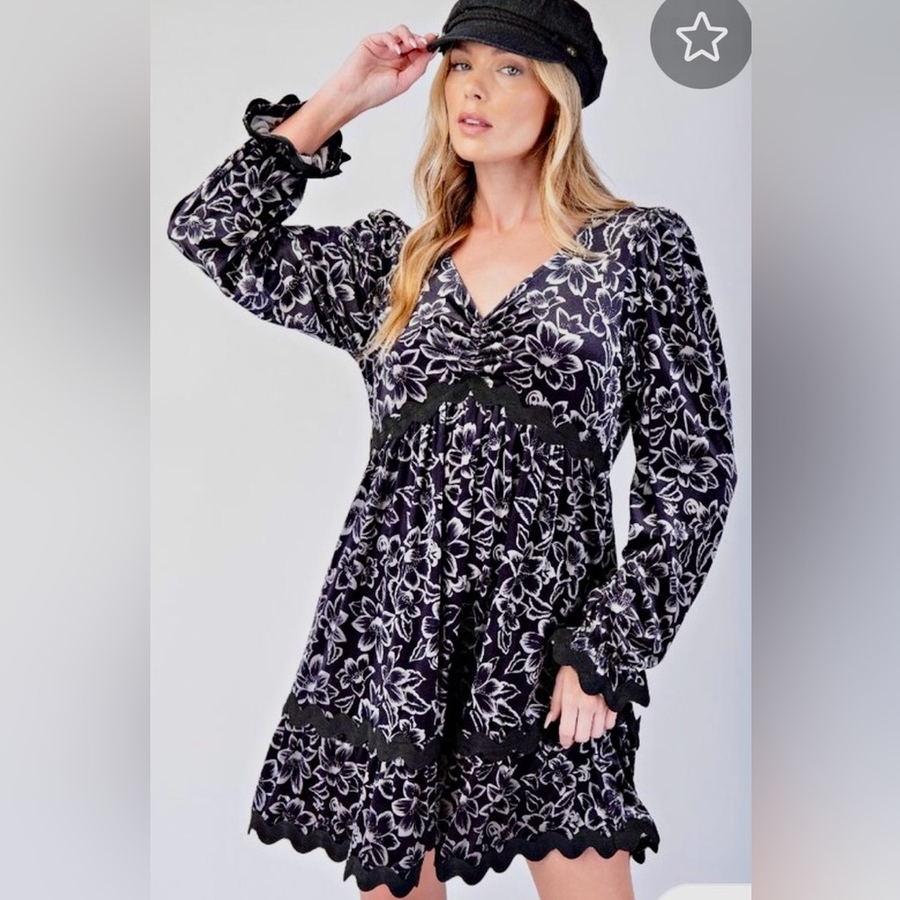 Easel Black and White Floral Velvet Dress